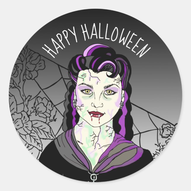 Happy Halloween Vampire and spiderwebs Classic Round Sticker (Front)