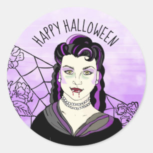 Happy Halloween Vampire and spiderwebs Classic Round Sticker