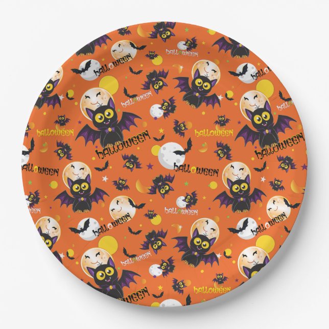 Happy Halloween Vampire Bat Full Moon Fangs Paper Plate (Front)