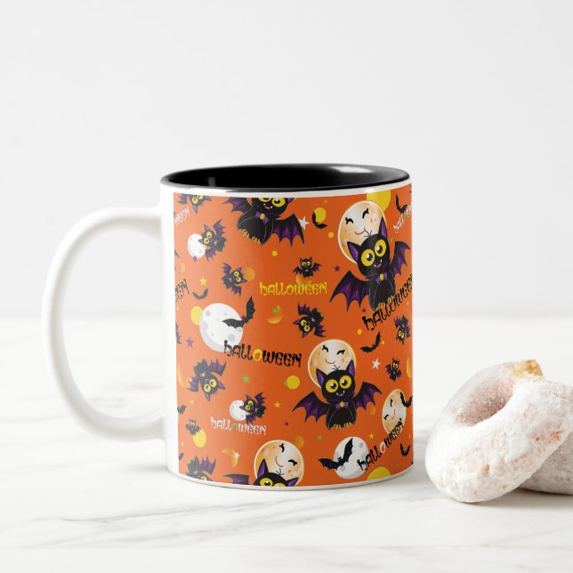 Happy Halloween Vampire Fang Bat Spooky Design  Two-Tone Coffee Mug (With Donut)