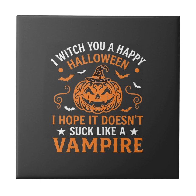 Happy Halloween Vampire Pumpkin Witch Hat Bats Ceramic Tile (Front)