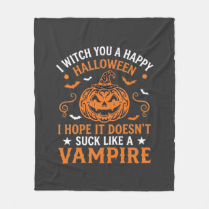 Happy Halloween Vampire Pumpkin Witch Hat Bats Fleece Blanket
