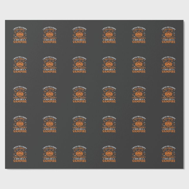 Happy Halloween Vampire Pumpkin Witch Hat Bats Wrapping Paper (Flat)