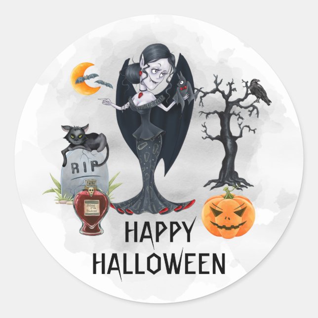 Happy Halloween Vampire Watercolor   Classic Round Sticker (Front)