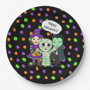 Happy Halloween Vampire, Witch, Mummy Polka Dot Paper Plate