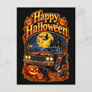 Happy Halloween Vintage Classic USA Muscle Car Postcard