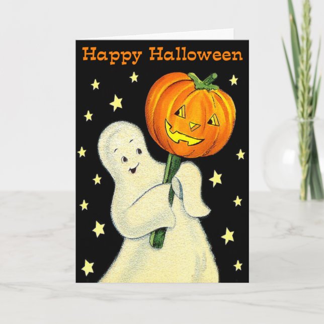 Happy Halloween Vintage Ghost and Pumpkin Card (Front)