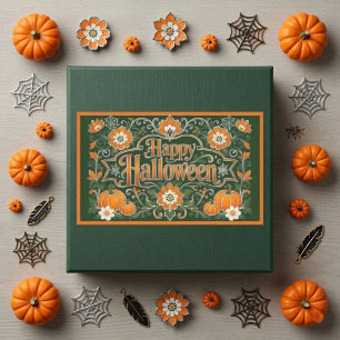 Happy Halloween Vintage Pumpkins White Florals Art Rectangular Sticker