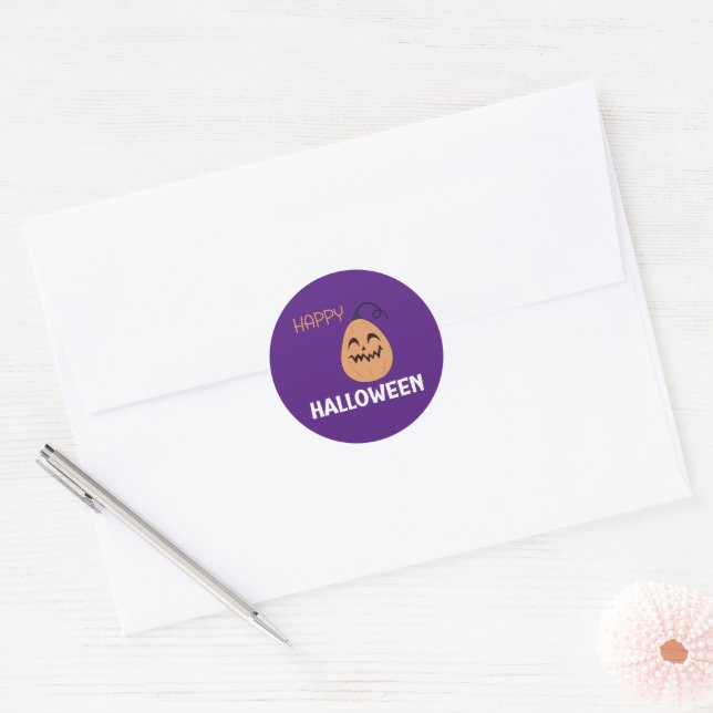 Happy Halloween Violet Pumpkin Round Label Sticker (Envelope)