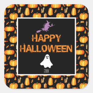 Happy Halloween W/Pumpkins Witch and Ghost Square Sticker