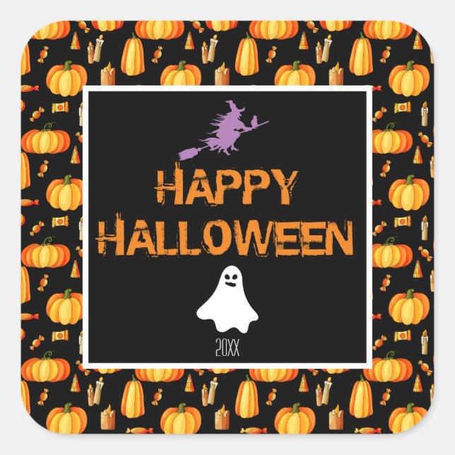 Happy Halloween W/Pumpkins Witch and Ghost Square Sticker (Front)