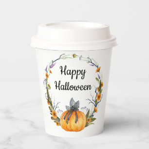 Happy Halloween Watercolor Pumpkin Wreath Paper Cups