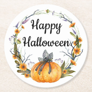 Happy Halloween Watercolor Pumpkin Wreath Round Paper Coaster
