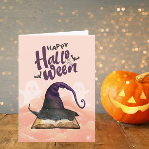 Happy Halloween Watercolor Witch Hat and Spellbook Card