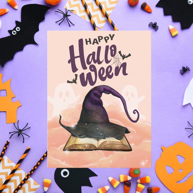 Happy Halloween Watercolor Witch Hat and Spellbook Holiday Card (Creator Uploaded)
