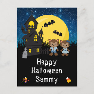 Happy Halloween Werewolf Blue Holiday Postcard