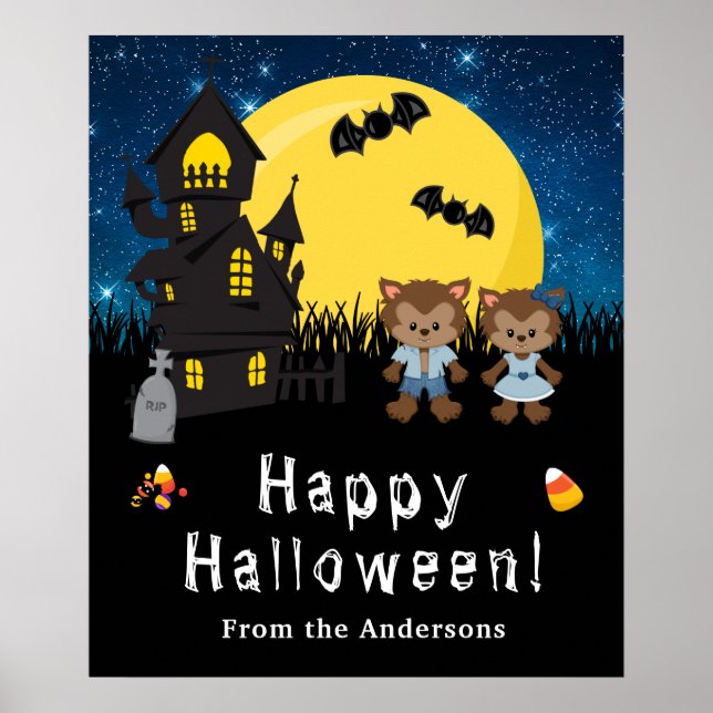 Happy Halloween Werewolf Blue Party Sign (Front)