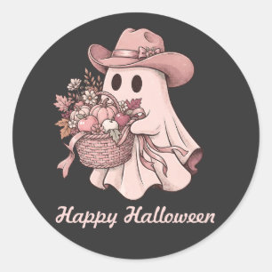 Happy Halloween Western Pink Ghost & Autumn Harves Classic Round Sticker