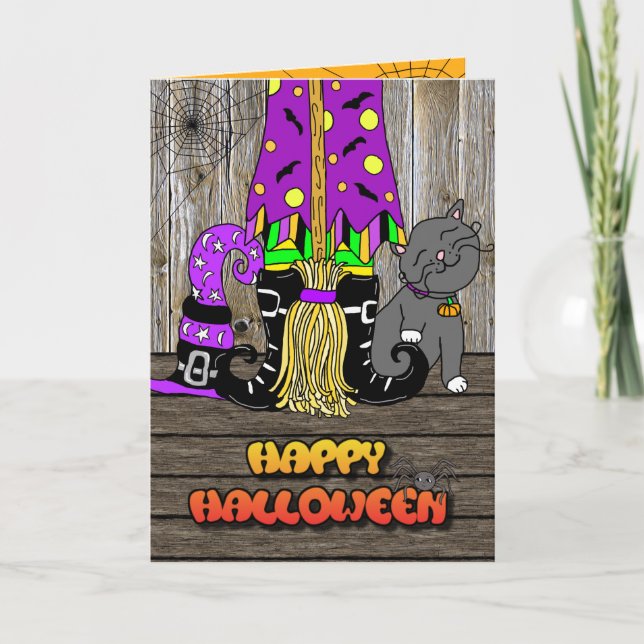 Happy Halloween Whimsical Witch, Broom and Cat Holiday Card (Front)