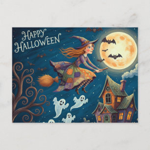 Happy Halloween Whimsical Witch on the Broom Holiday Postcard