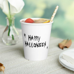 Happy Halloween white black spooky typography fun Paper Cups