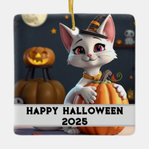 Happy Halloween White Cat Pumpkin Ceramic Ornament