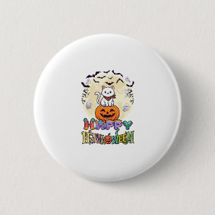 Happy Halloween White Cat Pumpkin Moon Bats Ghosts 6 Cm Round Badge