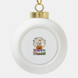 Happy Halloween White Cat Pumpkin Moon Bats Ghosts Ceramic Ball Christmas Ornament