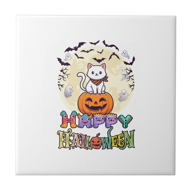 Happy Halloween White Cat Pumpkin Moon Bats Ghosts Ceramic Tile (Front)