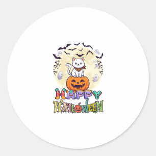 Happy Halloween White Cat Pumpkin Moon Bats Ghosts Classic Round Sticker