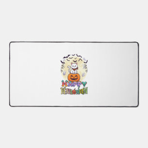 Happy Halloween White Cat Pumpkin Moon Bats Ghosts Desk Mat