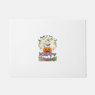 Happy Halloween White Cat Pumpkin Moon Bats Ghosts Doormat