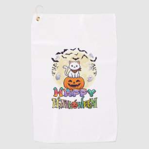 Happy Halloween White Cat Pumpkin Moon Bats Ghosts Golf Towel
