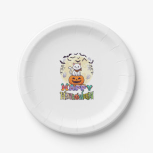 Happy Halloween White Cat Pumpkin Moon Bats Ghosts Paper Plate