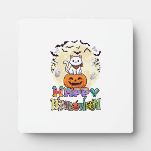 Happy Halloween White Cat Pumpkin Moon Bats Ghosts Plaque