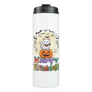 Happy Halloween White Cat Pumpkin Moon Bats Ghosts Thermal Tumbler