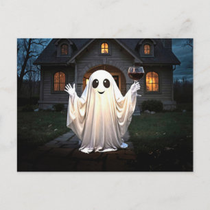 Happy Halloween Wine Ghost Cute Holiday Postcard