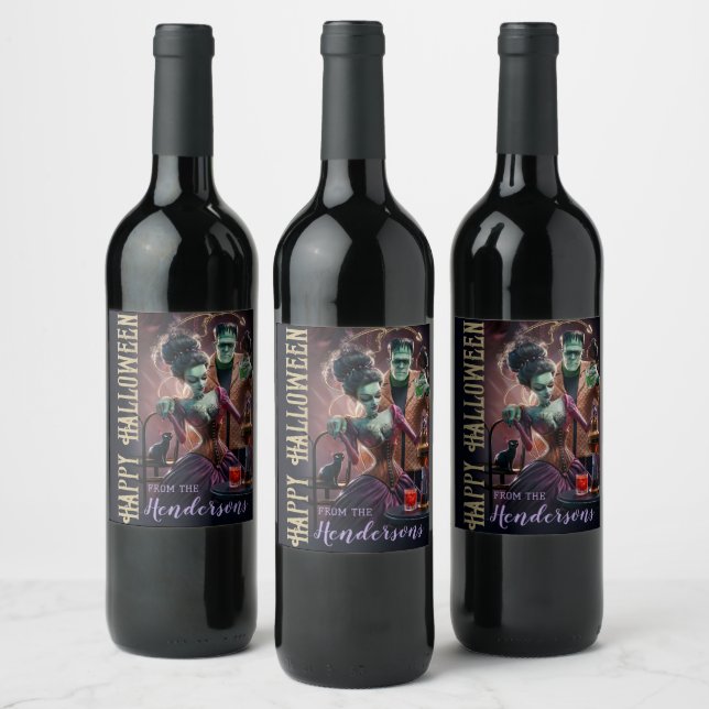 Happy Halloween Wine Gift , Bride of Frankenstein  Label (Bottles)