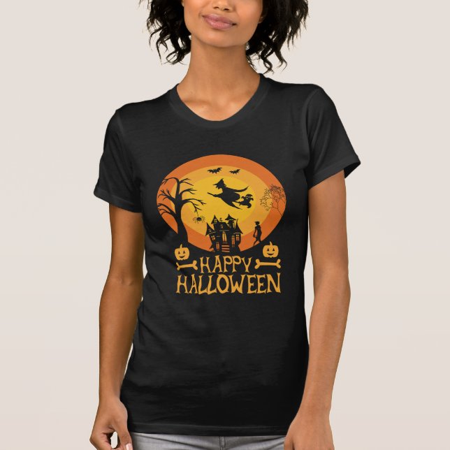 Happy Halloween Witch and Haunted House Spooky T-Shirt (Front)