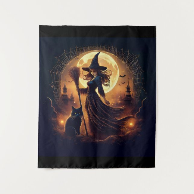 Happy Halloween Witch At Midnight Tapestry (Front)