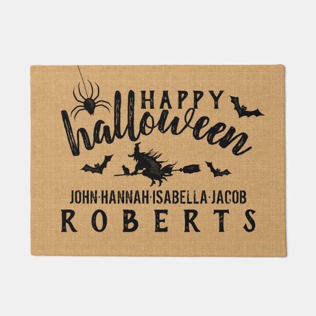 Happy Halloween Witch Bats Custom Rustic Burlap Doormat (Front)