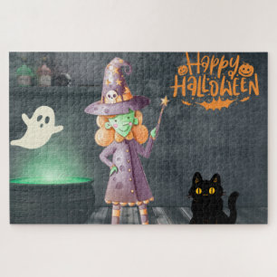 Happy Halloween Witch, Black Cat, Ghost Jigsaw Puzzle