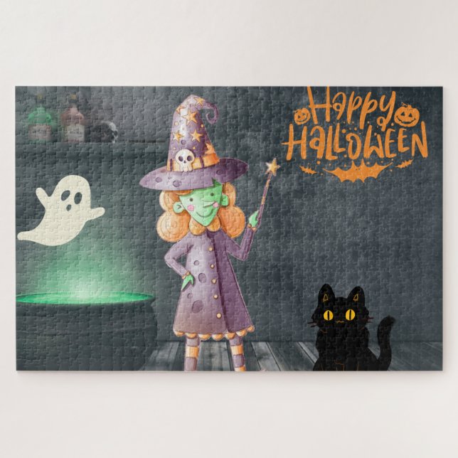 Happy Halloween Witch, Black Cat, Ghost   Jigsaw Puzzle (Horizontal)
