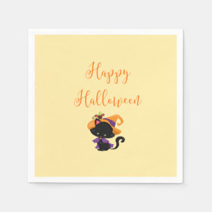 Happy Halloween Witch Black Cat Mouse on Brim Napkin