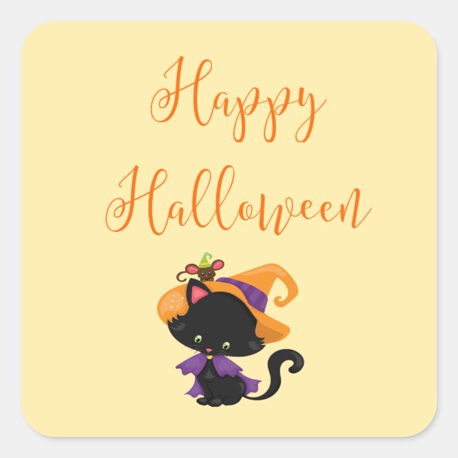Happy Halloween Witch Black Cat Mouse on Brim   Square Sticker (Front)