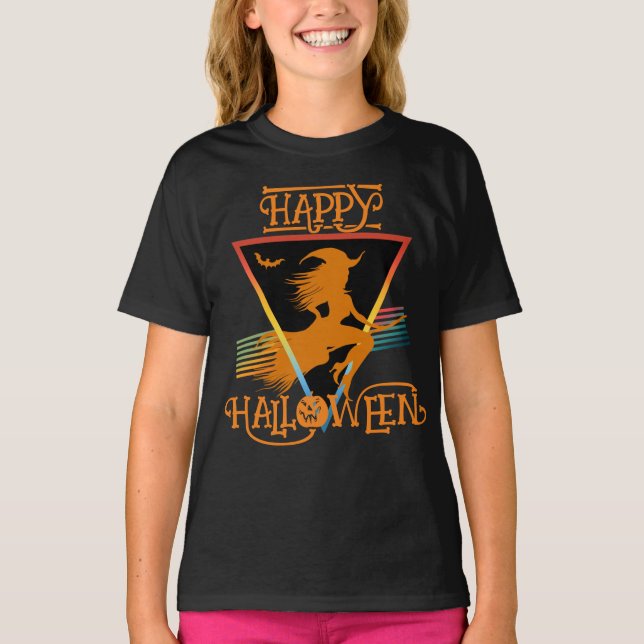 Happy Halloween Witch Black Oranges T-Shirt (Front)