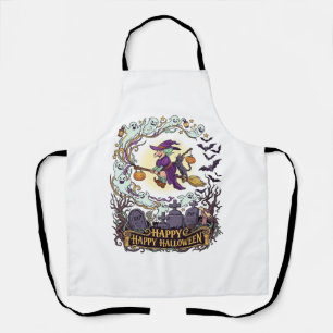 Happy Halloween Witch Broom Black Cat Ghosts_1 Apron