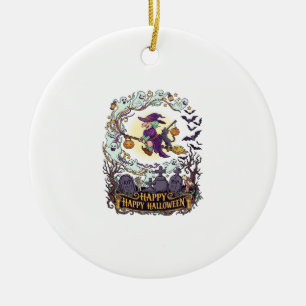 Happy Halloween Witch Broom Black Cat Ghosts_1 Ceramic Ornament