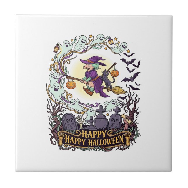 Happy Halloween Witch Broom Black Cat Ghosts_1 Ceramic Tile (Front)