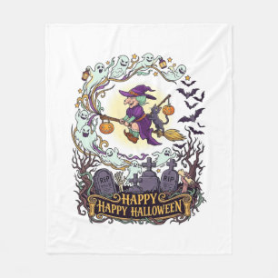 Happy Halloween Witch Broom Black Cat Ghosts_1 Fleece Blanket